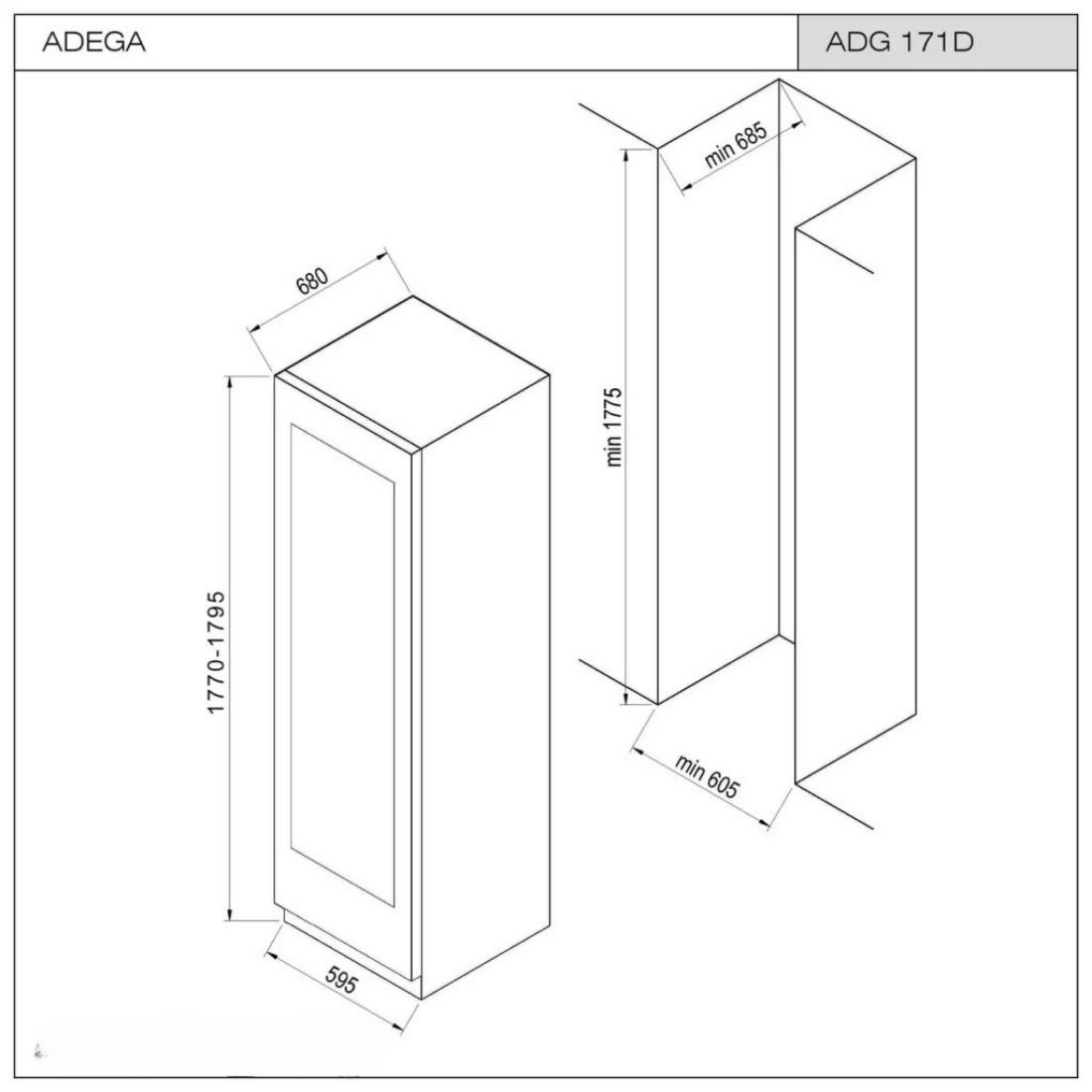 Desenho técnico da Adega de Vinhos CrissAir ADG 171D com dimensões detalhadas.