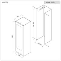Desenho técnico da adega de vinhos CrissAir ADG 122D com dimensões e medidas detalhadas.