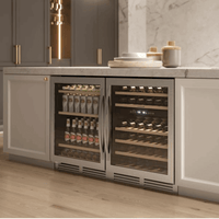 Adega Debacco 46 Garrafas Inox 60cm - Abertura Direita: adega climatizada embutida inox dupla zona com prateleiras de madeira e acabamento premium