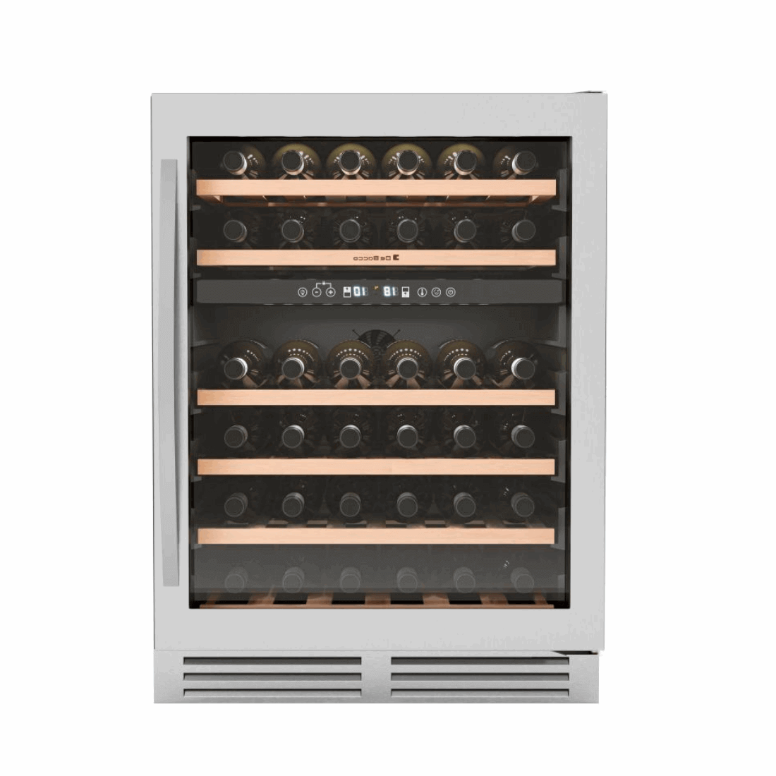 Adega Debacco 46 Garrafas Inox 60cm - Abertura Direita: adega climatizada inox 46 garrafas com prateleiras de madeira e painel digital, design embutir