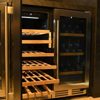 Adega Debacco 31 Garrafas Inox 38cm - Abertura Esquerda: adega climatizada inox 31 garrafas com prateleiras de madeira e porta de vidro dupla