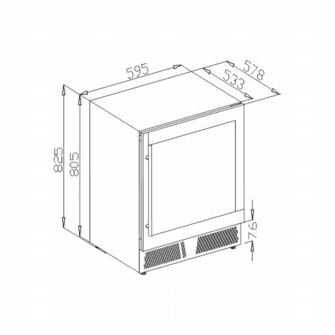 Adega Debacco 46 Garrafas Inox 60cm - Abertura Direita: desenho técnico em linha mostrando dimensões, acabamento inox e porta de vidro para embutir
