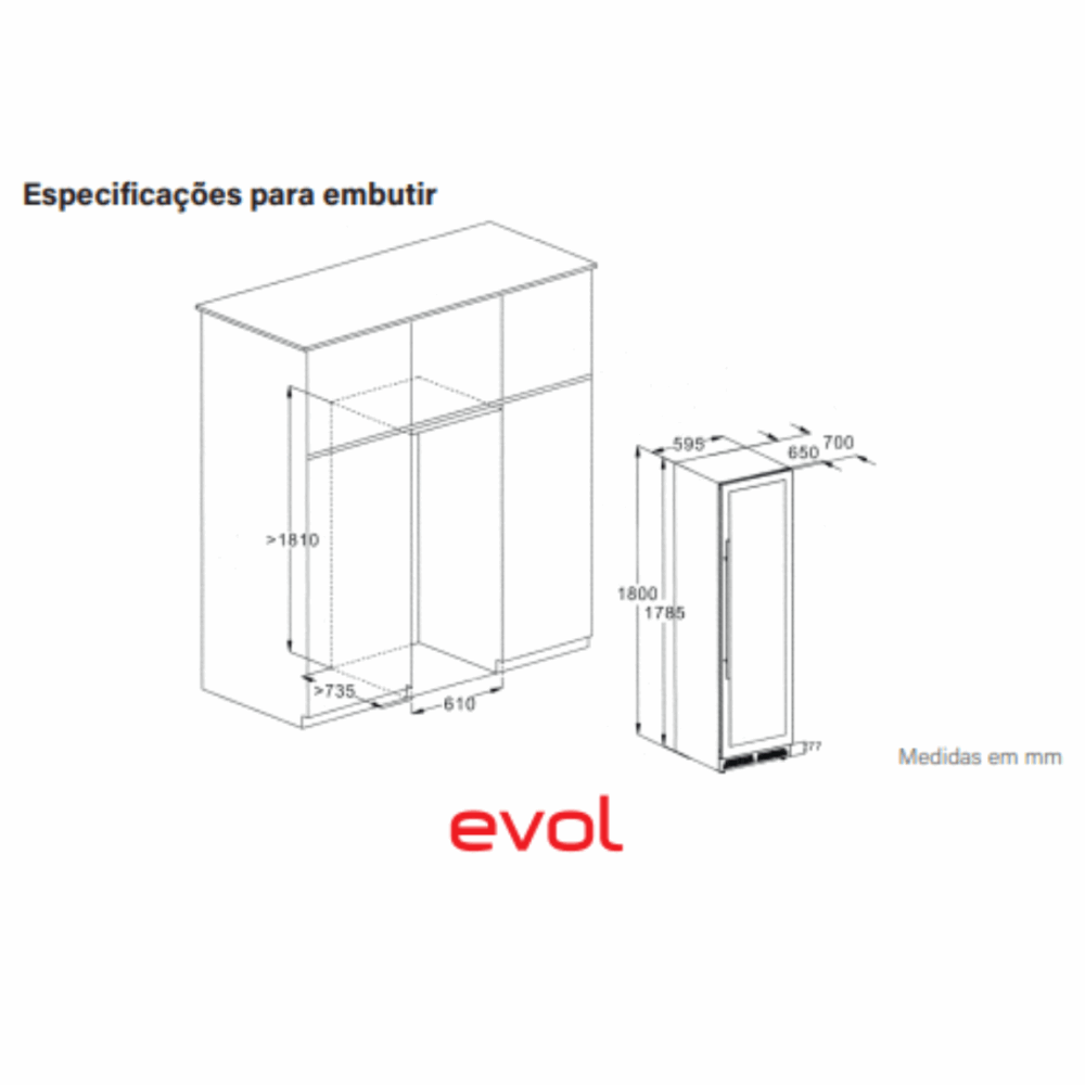 Adega Evol 160 Garrafas Smart Inox 60cm - Abertura Direita mostrando medidas para embutir, acabamento inox e porta de vidro com design slim