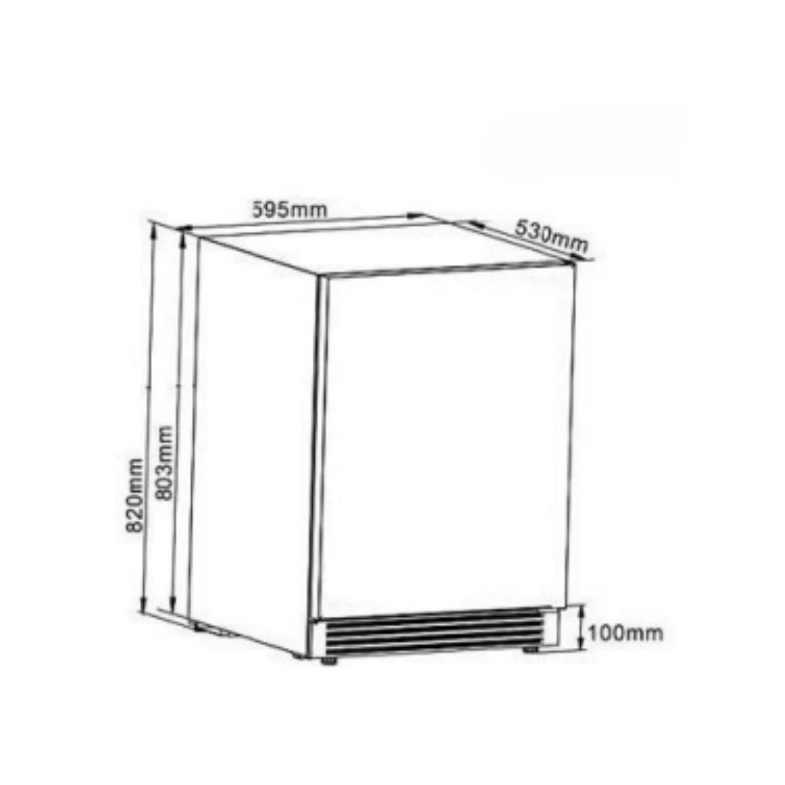 Desenho técnico da adega de vinhos Dual Zone, medidas em milímetros para instalação.