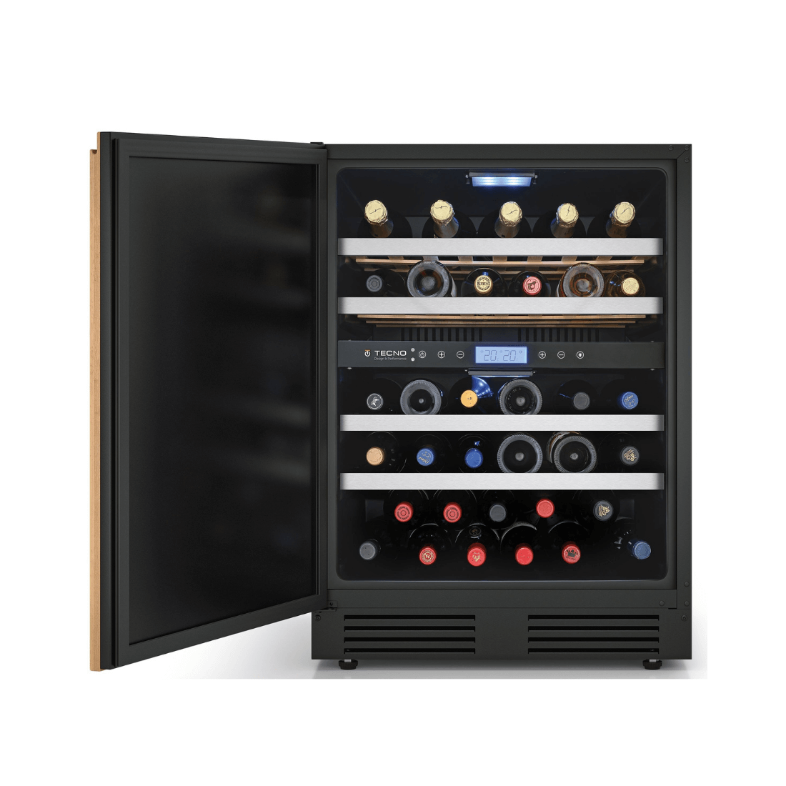 Adega de vinhos Tecno com capacidade para 43 garrafas, abertura à esquerda e controle de temperatura dual zone.