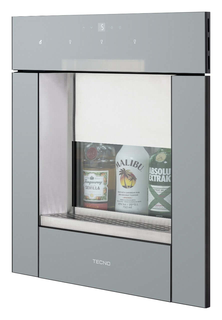 Dispenser de Vinhos Tecno Original 3 Garrafas Inox 60cm com acabamento inox espelhado, design embutir e visor de vidro mostrando garrafas