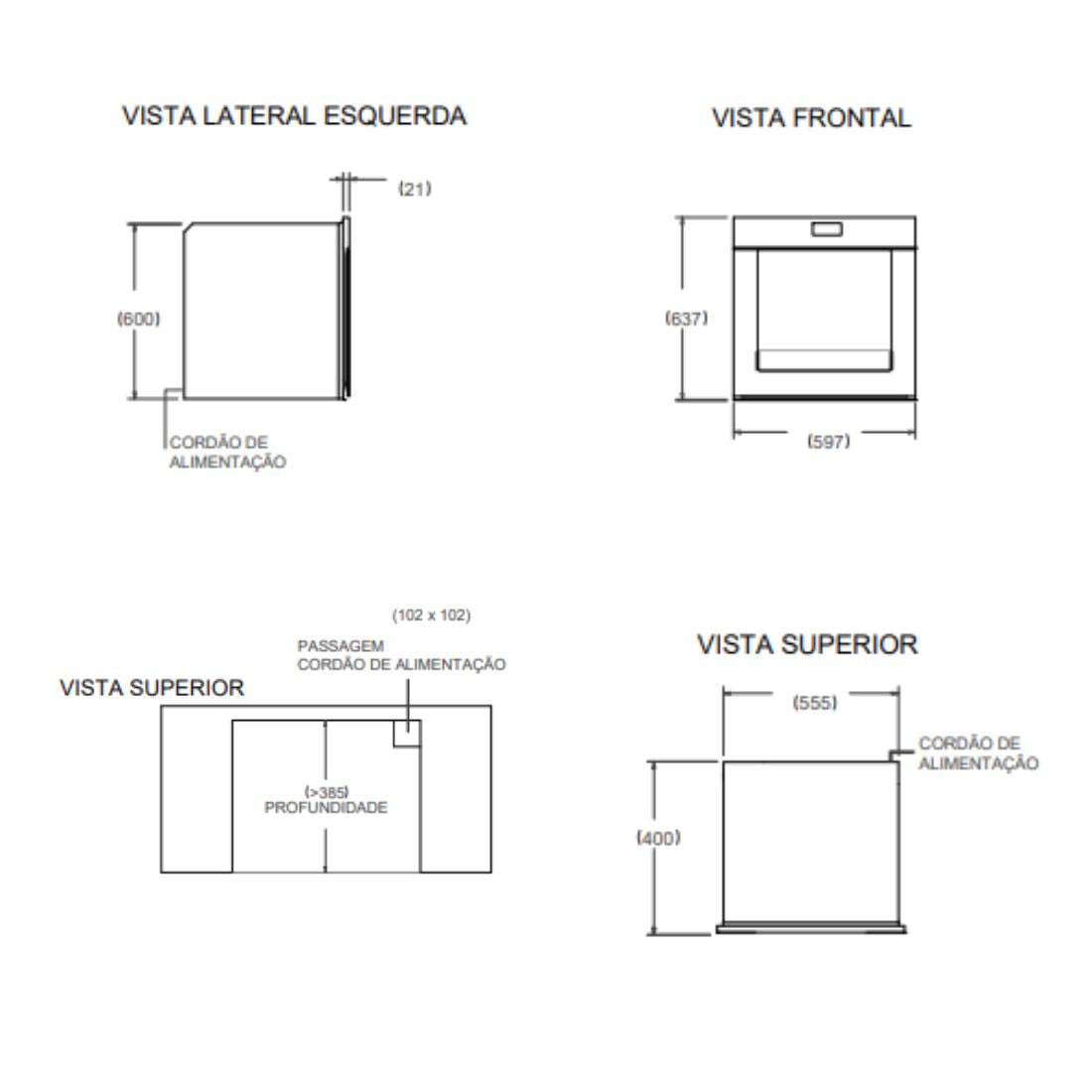 Dispenser de Vinhos Tecno Vintage 3 Garrafas Inox 60cm esquemas técnicos com vistas frontal, lateral e superior mostrando medidas e acabamento inox