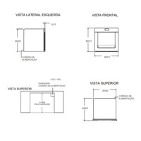 Dispenser de Vinhos Tecno Vintage 3 Garrafas Inox 60cm esquemas técnicos com vistas frontal, lateral e superior mostrando medidas e acabamento inox