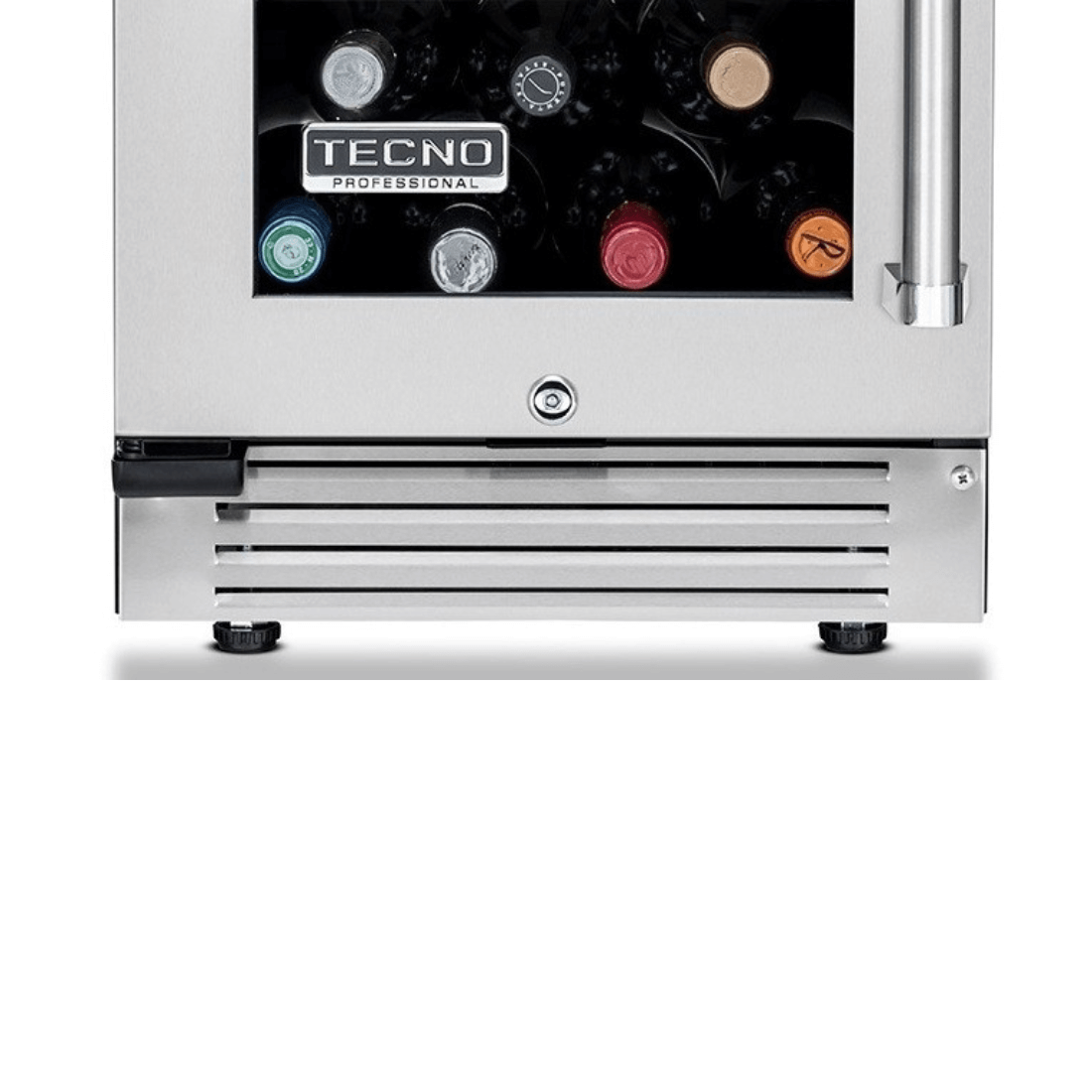 Adega Tecno Professional 23 Garrafas Inox 38cm - Abertura Esquerda visual frontal do compartimento inferior em inox com porta de vidro mostrando garrafas