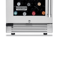 Adega Tecno Professional 23 Garrafas Inox 38cm - Abertura Esquerda visual frontal do compartimento inferior em inox com porta de vidro mostrando garrafas