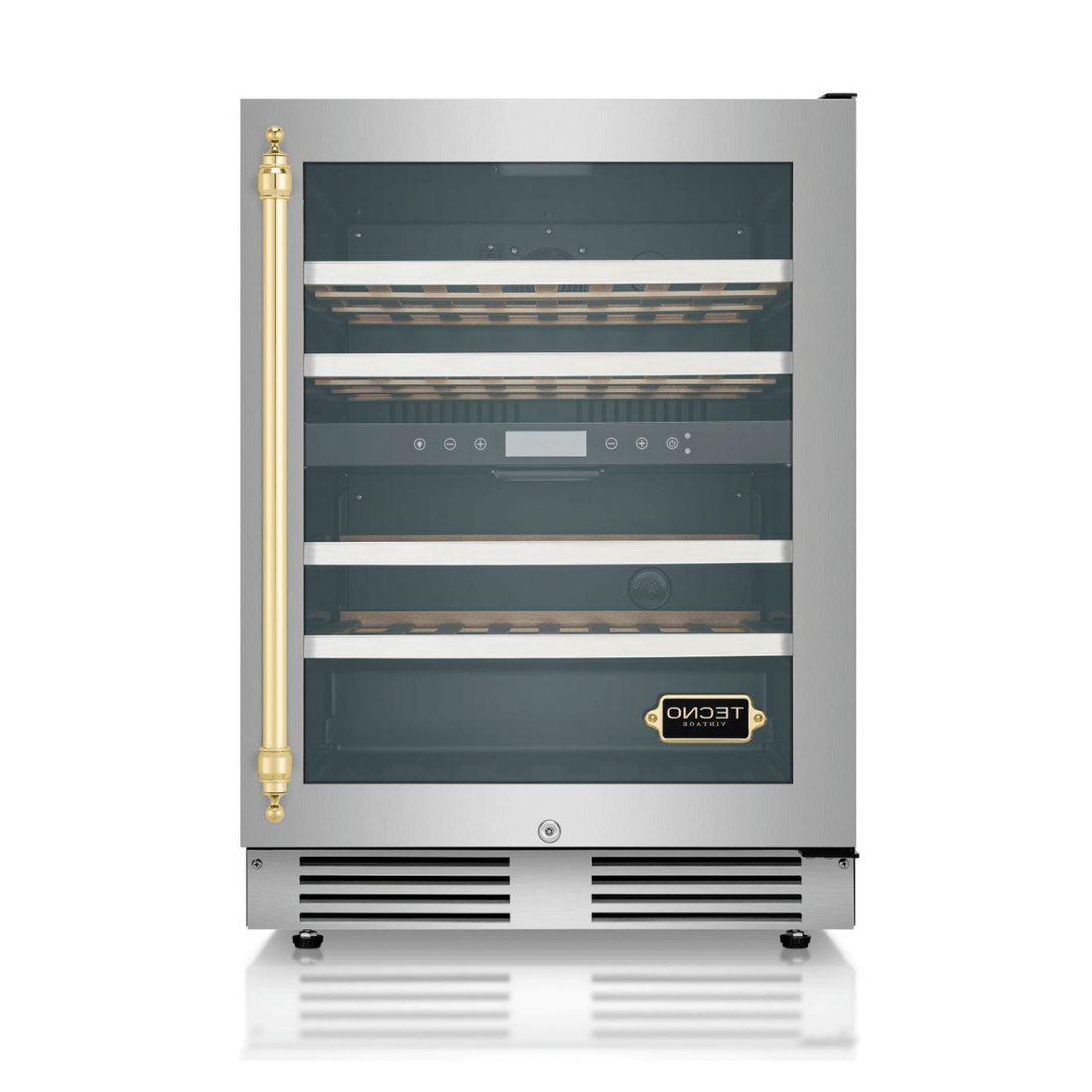 Adega Tecno Vintage 43 Garrafas Inox 60cm - Abertura Direita, adega climatizada inox 43 garrafas com puxador dourado e prateleiras de madeira