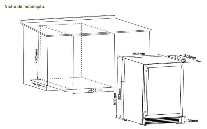 Adega Tecno Vintage 43 Garrafas Inox 60cm - Abertura Esquerda mostrando esquema de nicho de instalação com medidas e acabamento inox