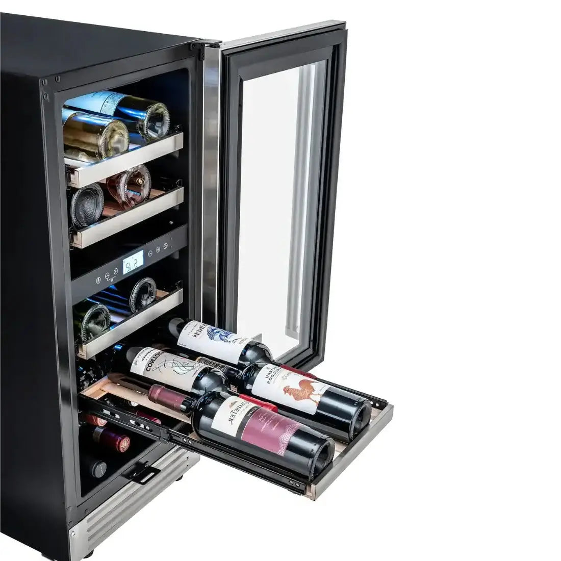 Adega Tecno Vintage 23 Garrafas inox 38cm com porta aberta mostrando garrafas e prateleiras internas