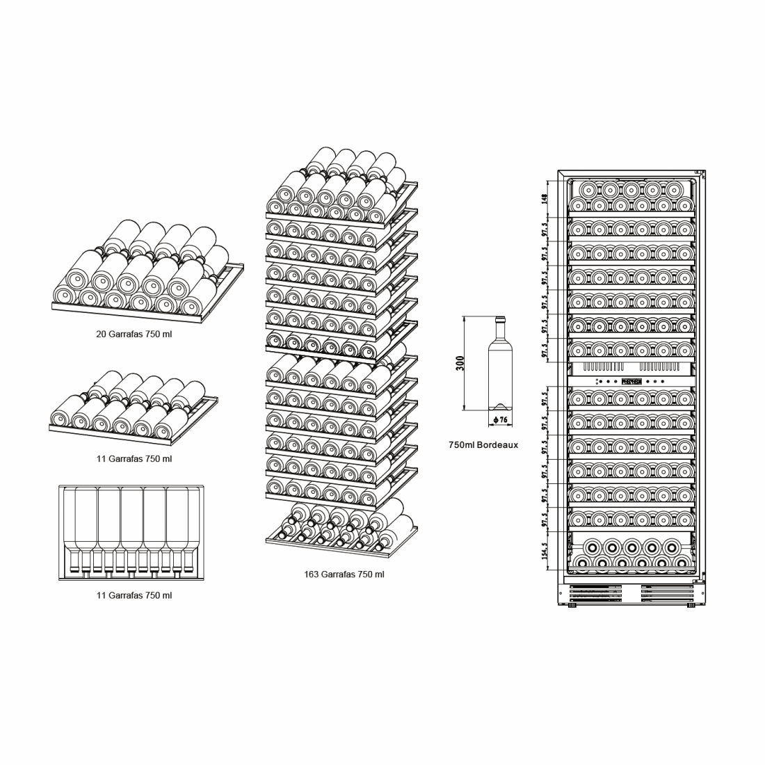 Adega de Vinhos Professional de Embutir 151 Garrafas 2 Zonas 220V — Abertura para Esquerda