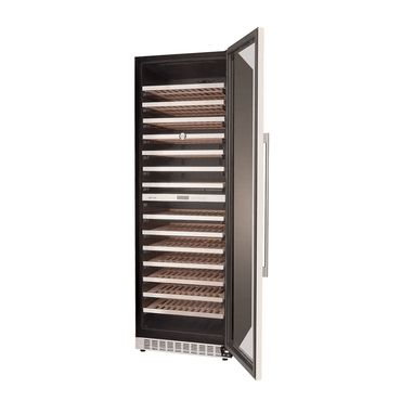 Adega de vinhos CrissAir com porta de vidro preta, 171 garrafas, design elegante e prateleiras em madeira.