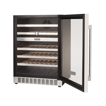 Adega de vinhos CrissAir de embutir, vidro preto, com capacidade para 46 garrafas e duas zonas de temperatura.