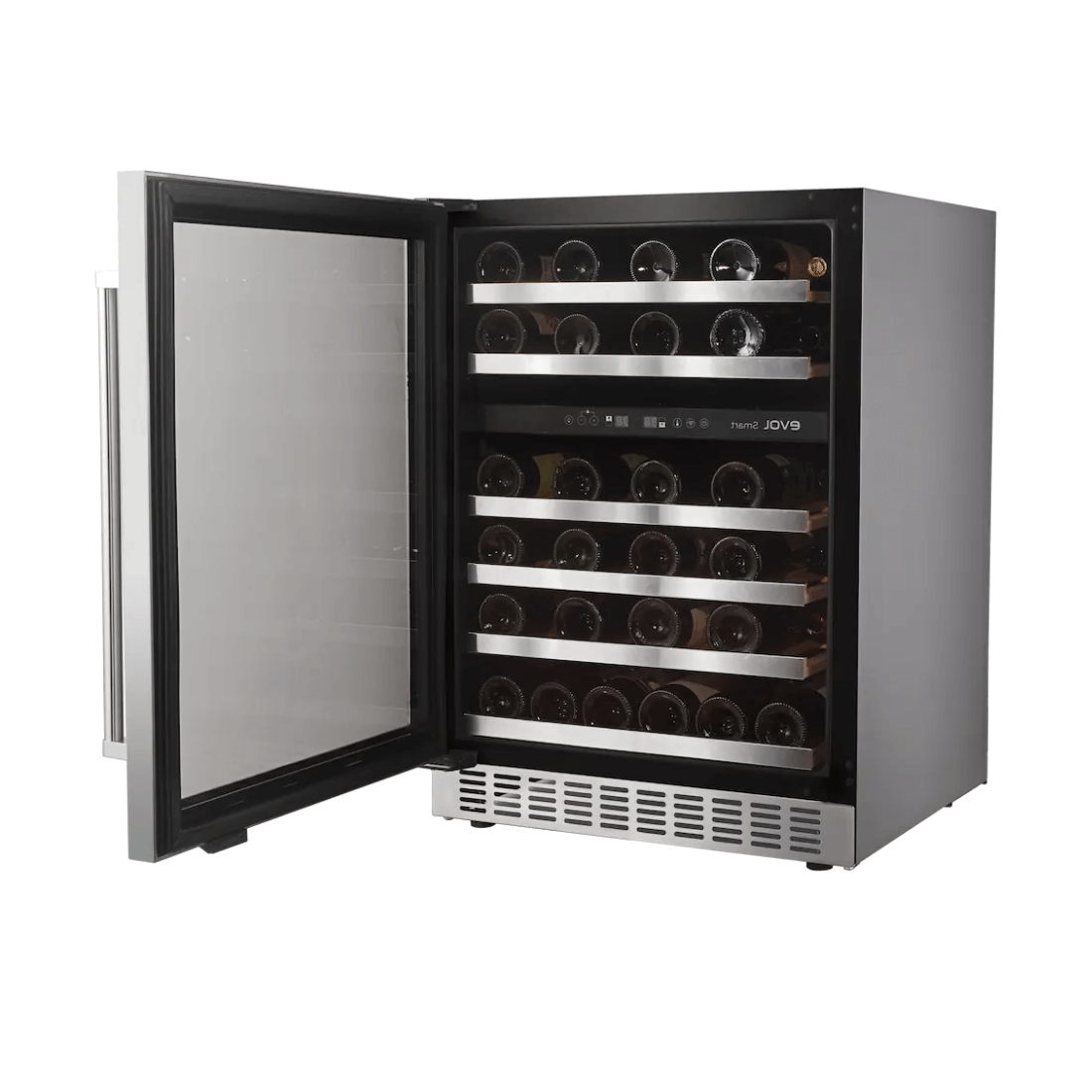 Adega Evol 46 Garrafas Smart Inox 60cm - Abertura Esquerda adega climatizada inox 46 garrafas com porta de vidro e prateleiras em metal