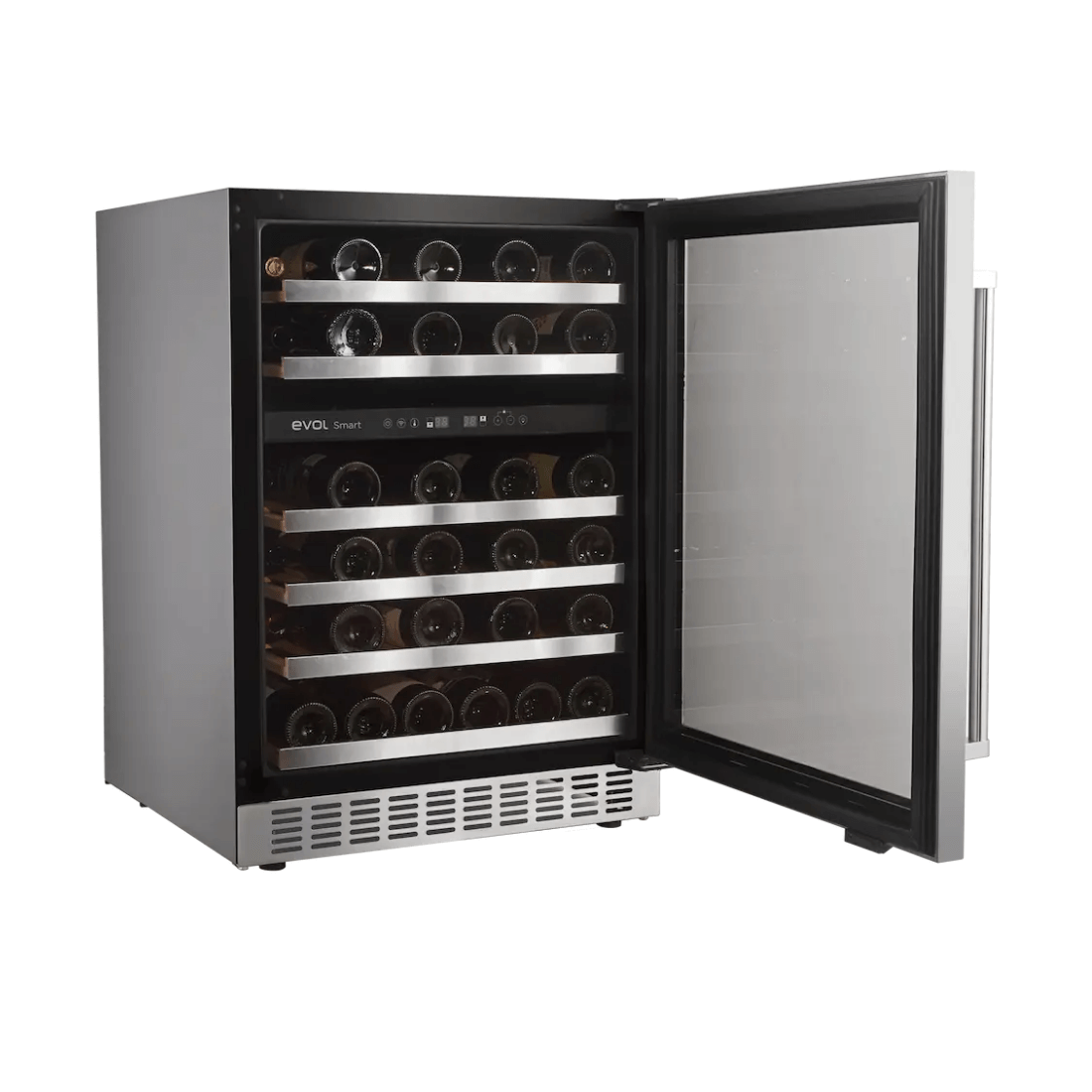 Adega Evol 46 Garrafas Smart Inox 60cm - Abertura Direita, adega climatizada inox 46 garrafas com porta de vidro e prateleiras em aço