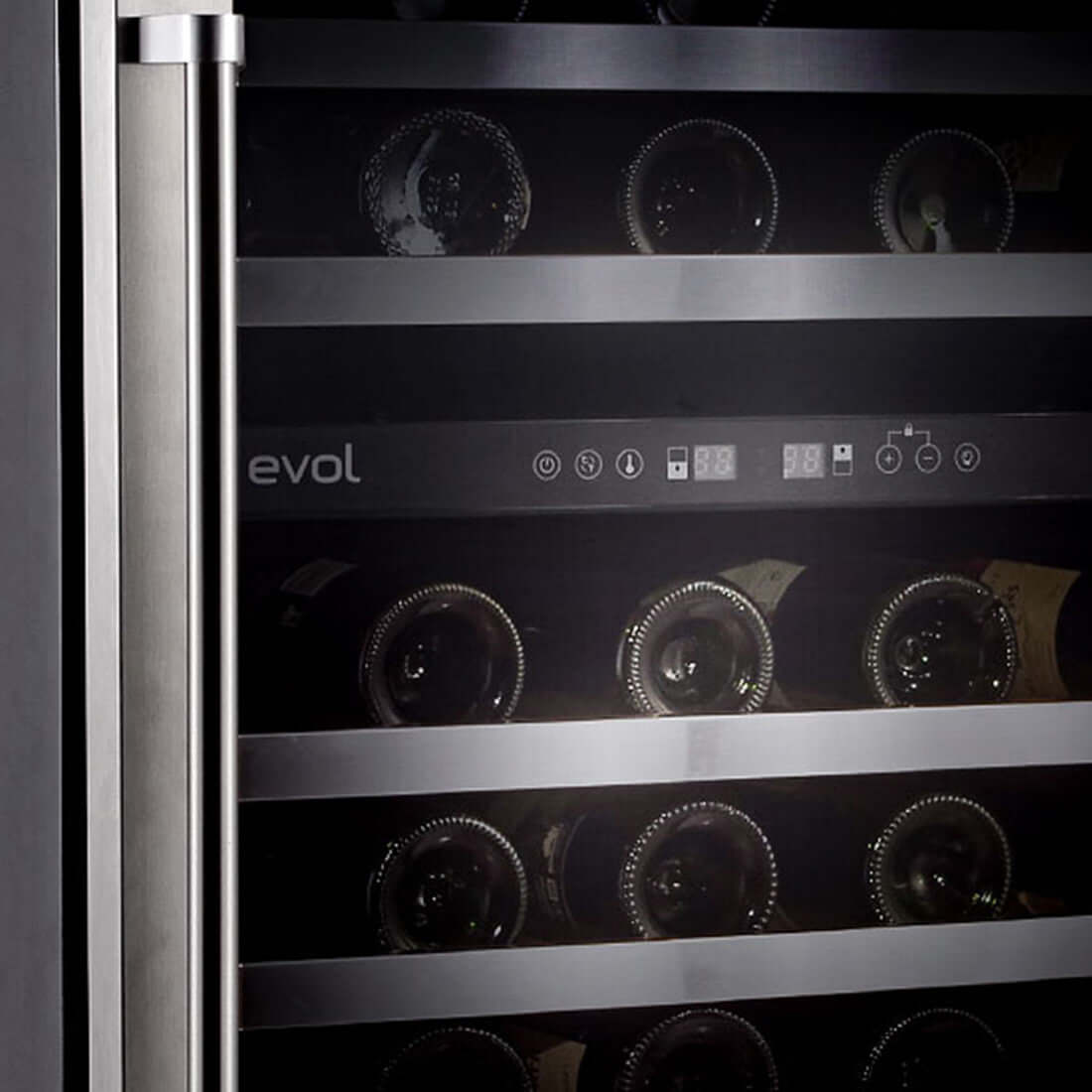Adega Evol 46 Garrafas Smart Inox 60cm - Abertura Direita, adega climatizada inox 46 garrafas com prateleiras de metal e painel touch visível
