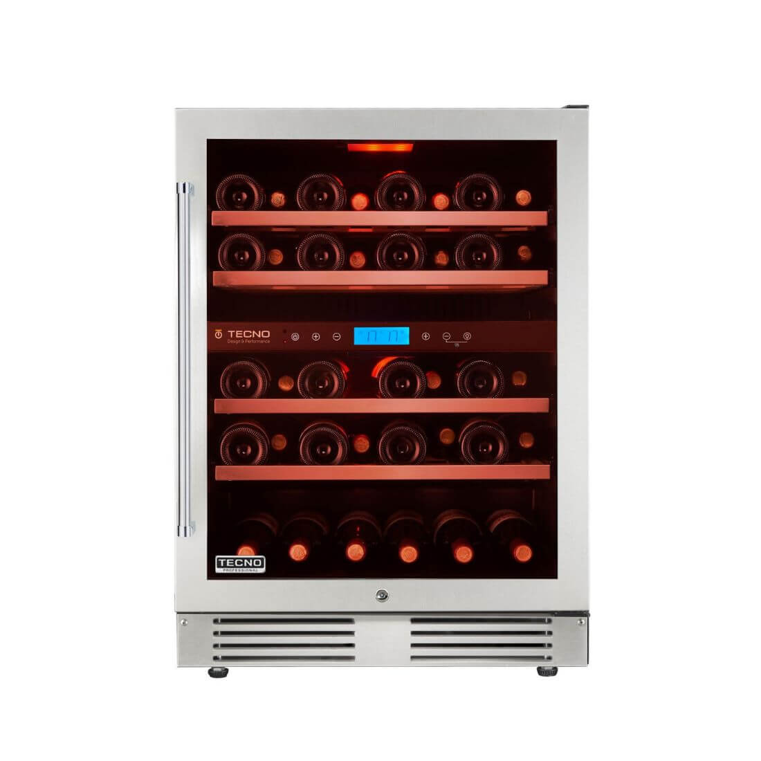 Adega Tecno Professional 43 Garrafas Inox 60cm - Abertura Direita: adega climatizada inox 43 garrafas com iluminação interna, prateleiras de madeira e vidro