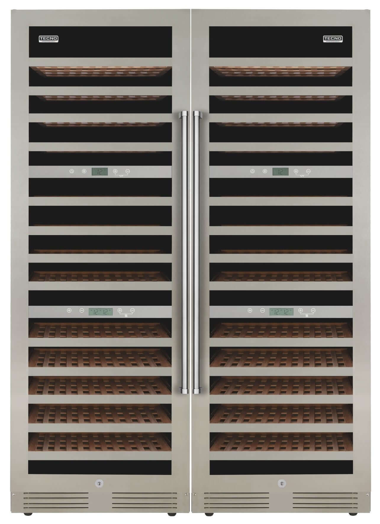 Adega Tecno Professional 141 Garrafas 3 Zonas 60cm - Abertura Esquerda: adega climatizada inox com dupla porta de 141 garrafas e prateleiras de madeira
