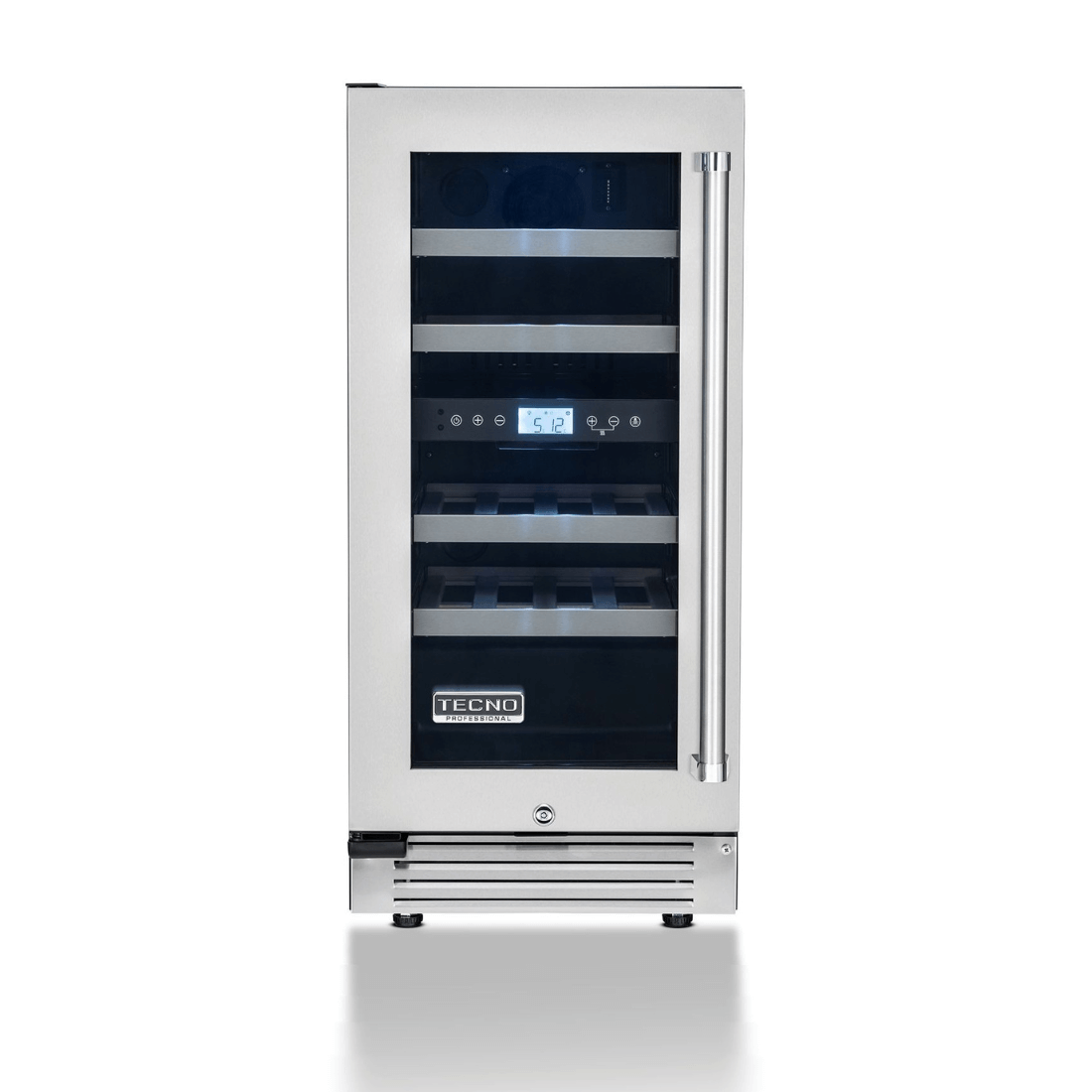 Adega Tecno Professional 23 Garrafas Inox 38cm - Abertura Esquerda: adega climatizada inox 23 garrafas com porta de vidro, puxador lateral e display digital
