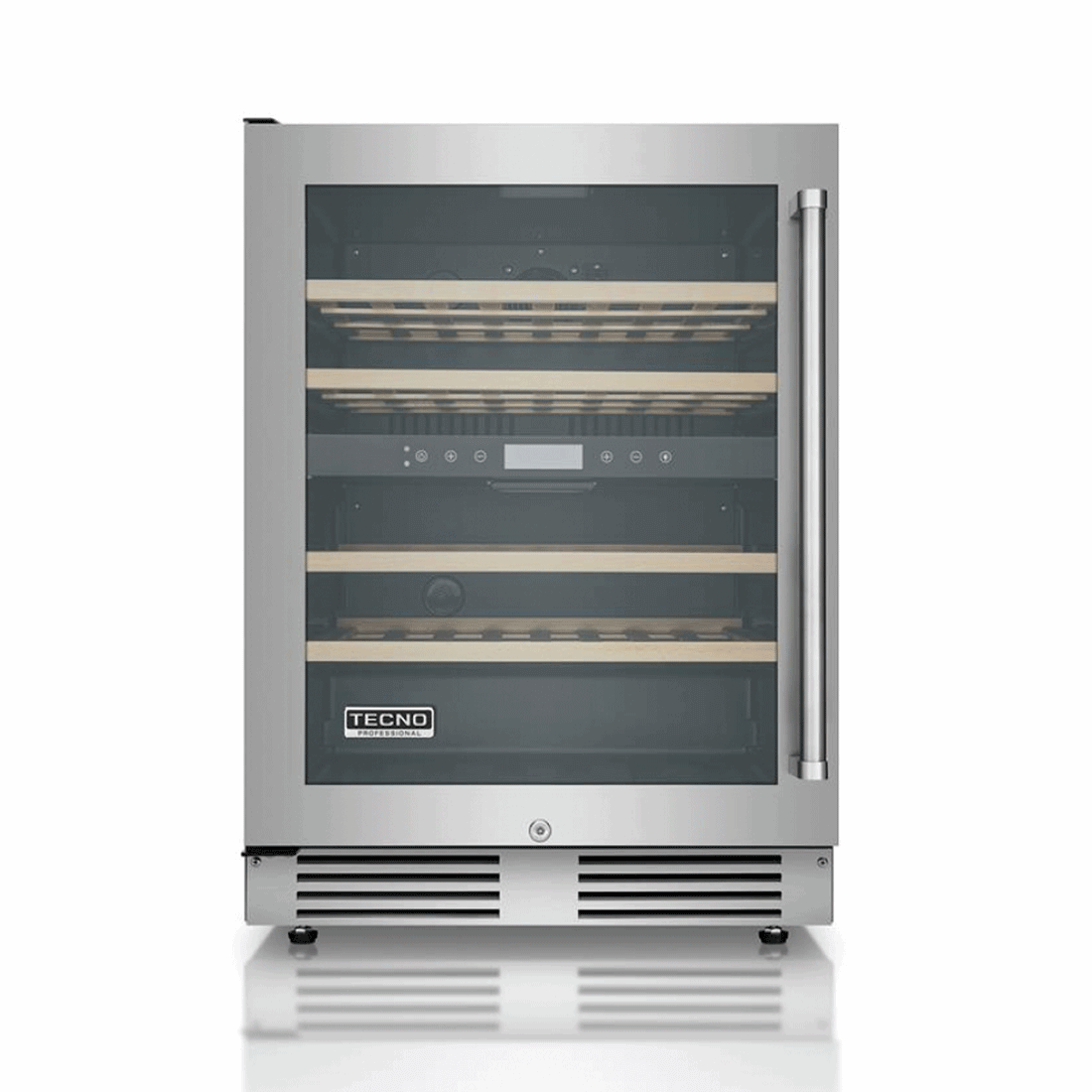 Adega Tecno Professional 43 Garrafas Inox 60cm - Abertura Esquerda: adega climatizada inox 43 garrafas com prateleiras de madeira e puxador lateral