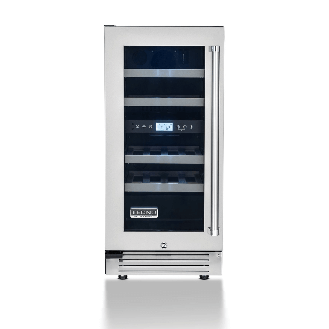 Adega Tecno Professional 23 Garrafas inox 38cm com abertura direita, porta de vidro e painel digital para duas zonas de temperatura