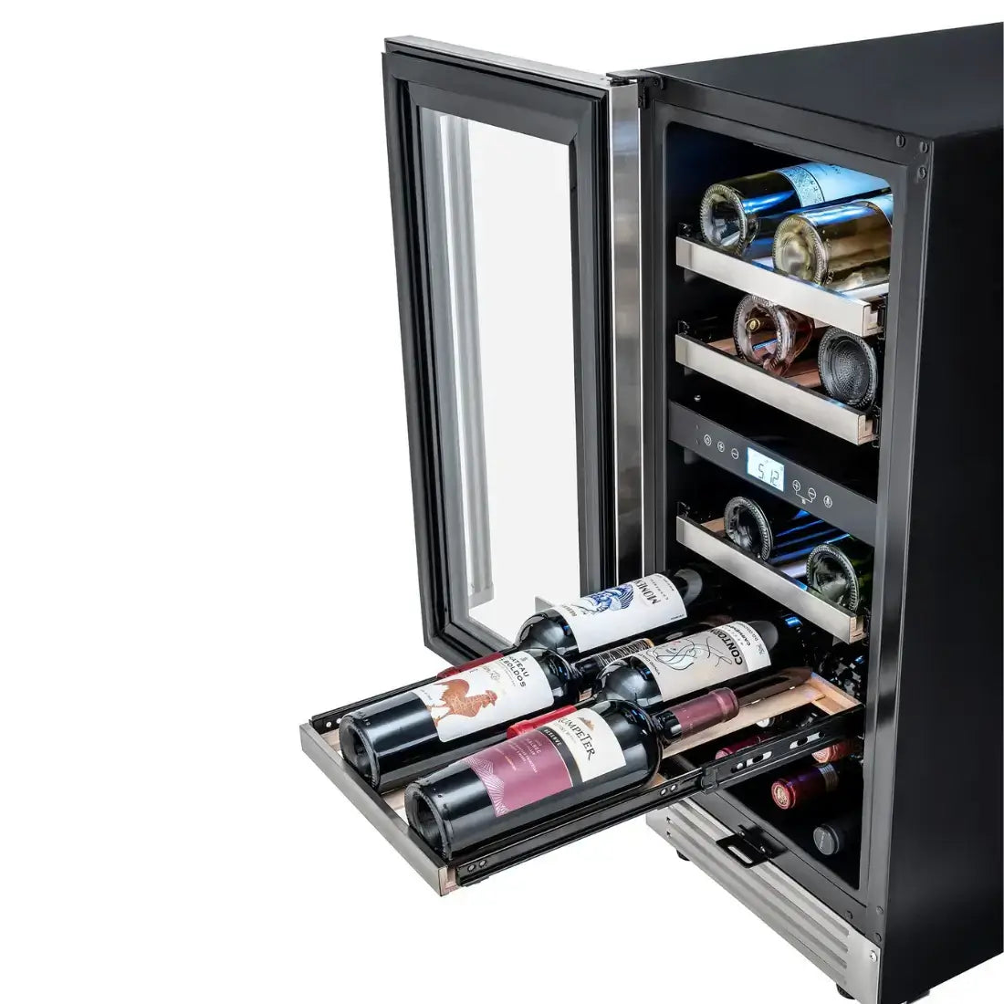Alt Tag: Adega Tecno Professional 23 Garrafas inox 38cm com abertura direita, prateleiras em madeira e porta de vidro aberta