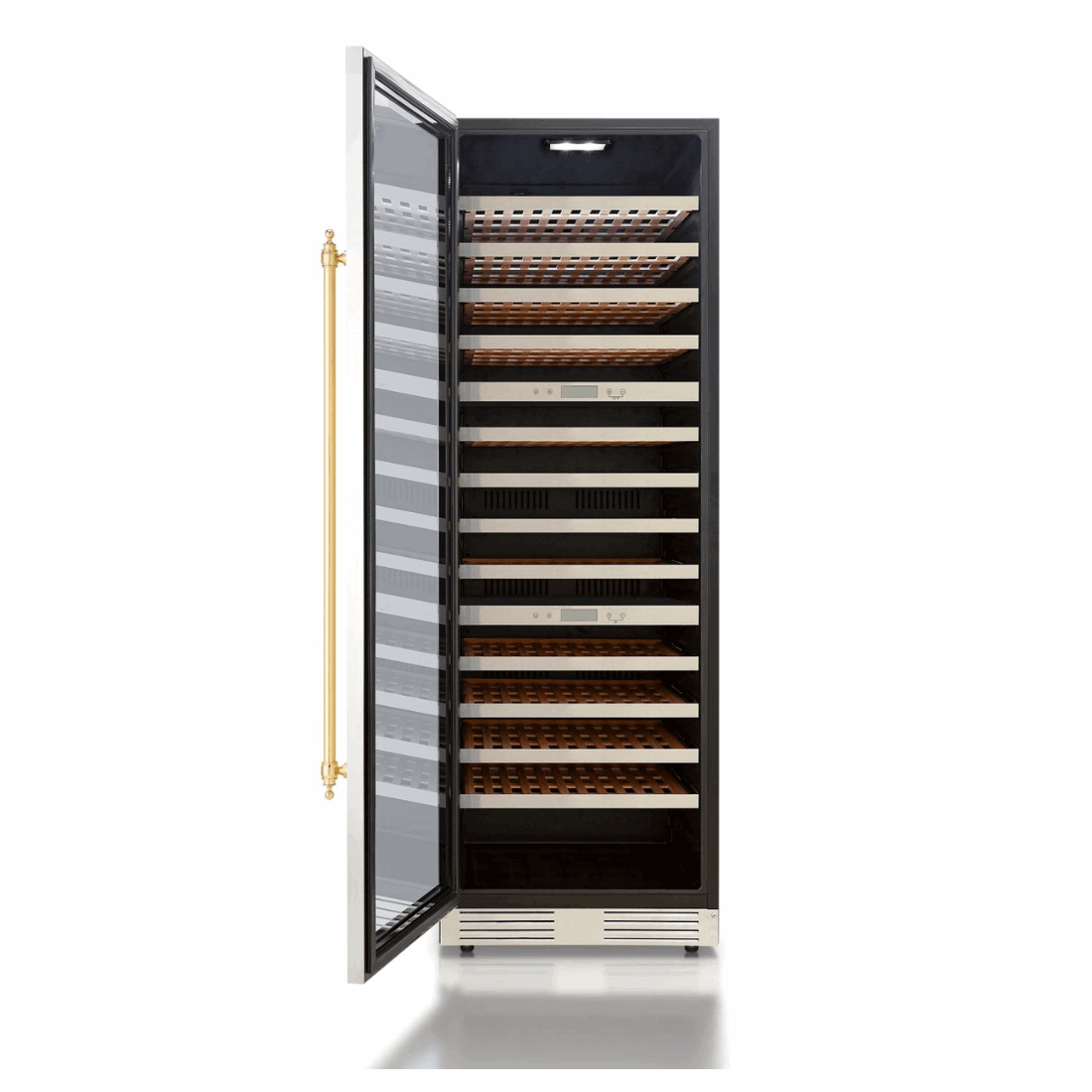 Adega Tecno Vintage 141 Garrafas 3 Zonas 60cm - Abertura Esquerda adega climatizada 141 garrafas com prateleiras madeira, porta vidro e puxador dourado