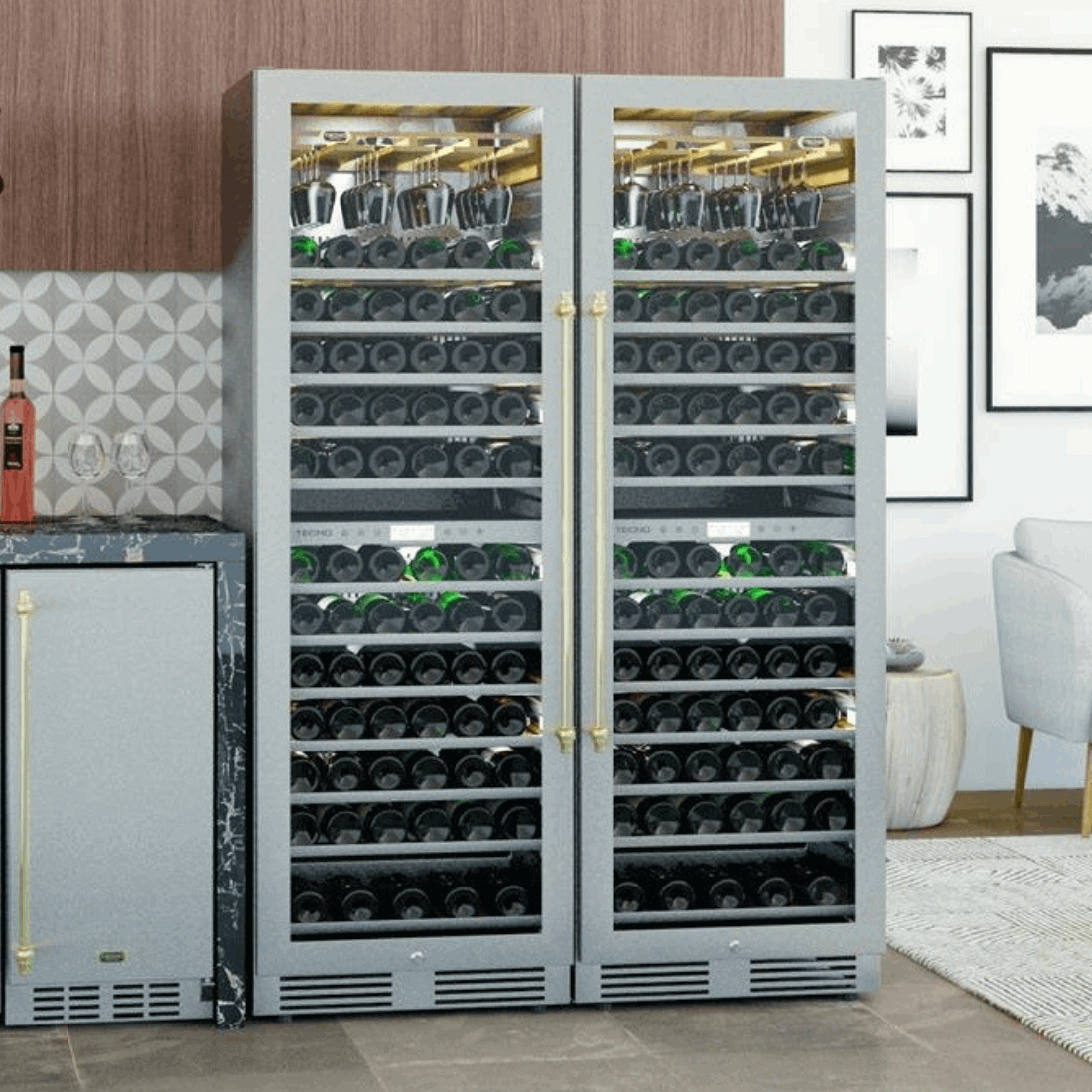 Adega Tecno Vintage 151 Garrafas Inox 60cm - Abertura Esquerda: adega climatizada inox 151 garrafas com duas portas de vidro e acabamento premium