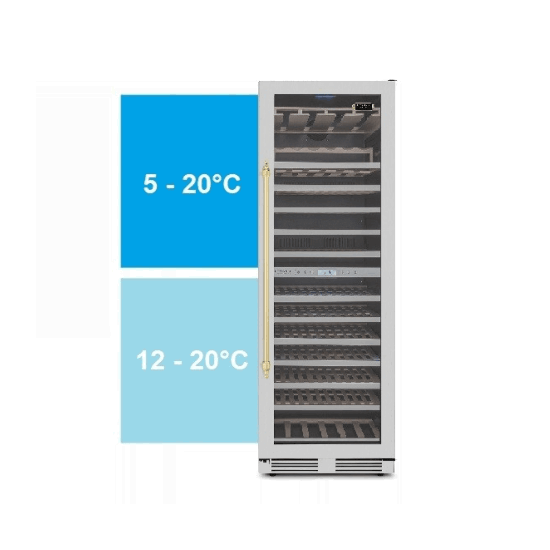 Adega Tecno Vintage 151 Garrafas Inox 60cm - Abertura Direita: adega climatizada inox 151 garrafas com porta de vidro e duas zonas 5-20°C