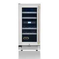 Adega Tecno Vintage 23 Garrafas Inox 38cm - Abertura Esquerda: adega climatizada inox 23 garrafas com puxador dourado e prateleiras internas