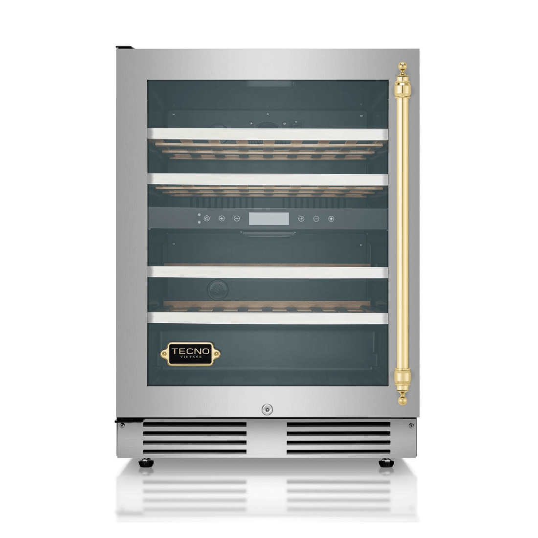 Adega Tecno Vintage 43 Garrafas Inox 60cm - Abertura Esquerda: adega climatizada inox 43 garrafas com puxador dourado, prateleiras de madeira