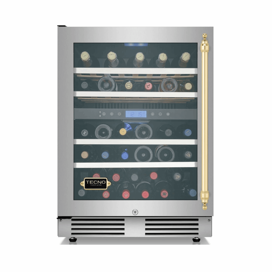 Adega Tecno Vintage 43 Garrafas Inox 60cm - Abertura Esquerda, adega climatizada inox 43 garrafas com puxador dourado e porta de vidro