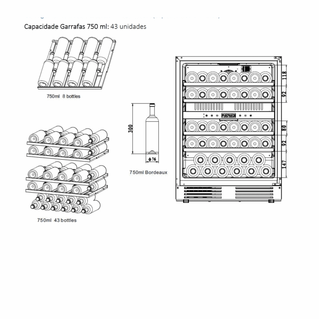 Adega Tecno Vintage 43 Garrafas Inox 60cm - Abertura Esquerda, adega climatizada inox 43 garrafas com prateleiras e layout interno em desenho técnico