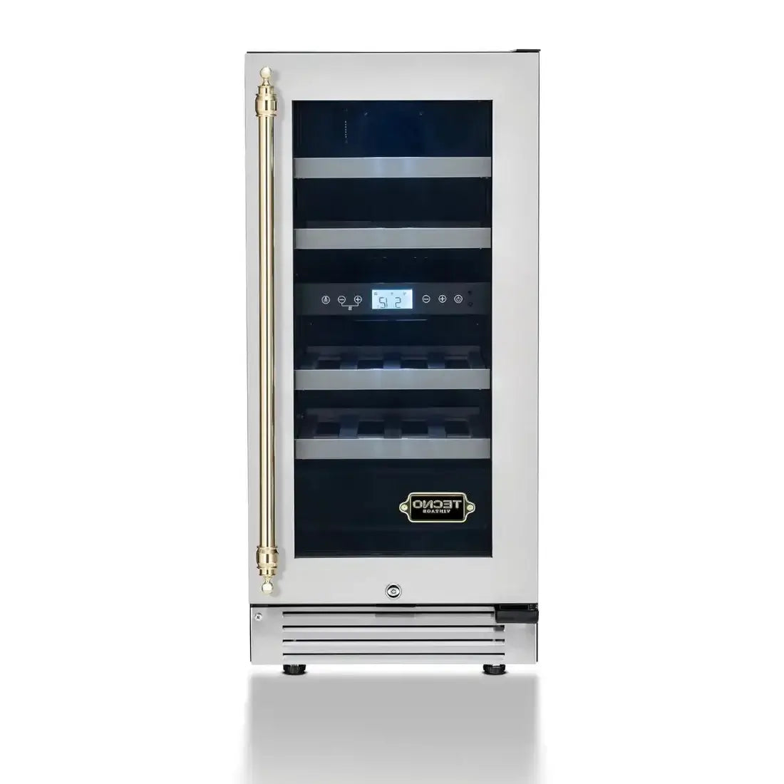 Adega Tecno Vintage 23 Garrafas inox 38cm com abertura direita, duas zonas de temperatura e puxador dourado