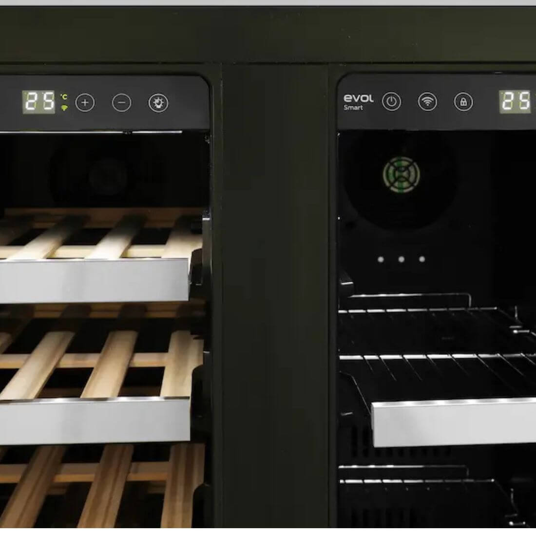 Adega e Cervejeira Evol Smart Inox 60cm adega climatizada e cervejeira duo inox com prateleiras de madeira e tela touch