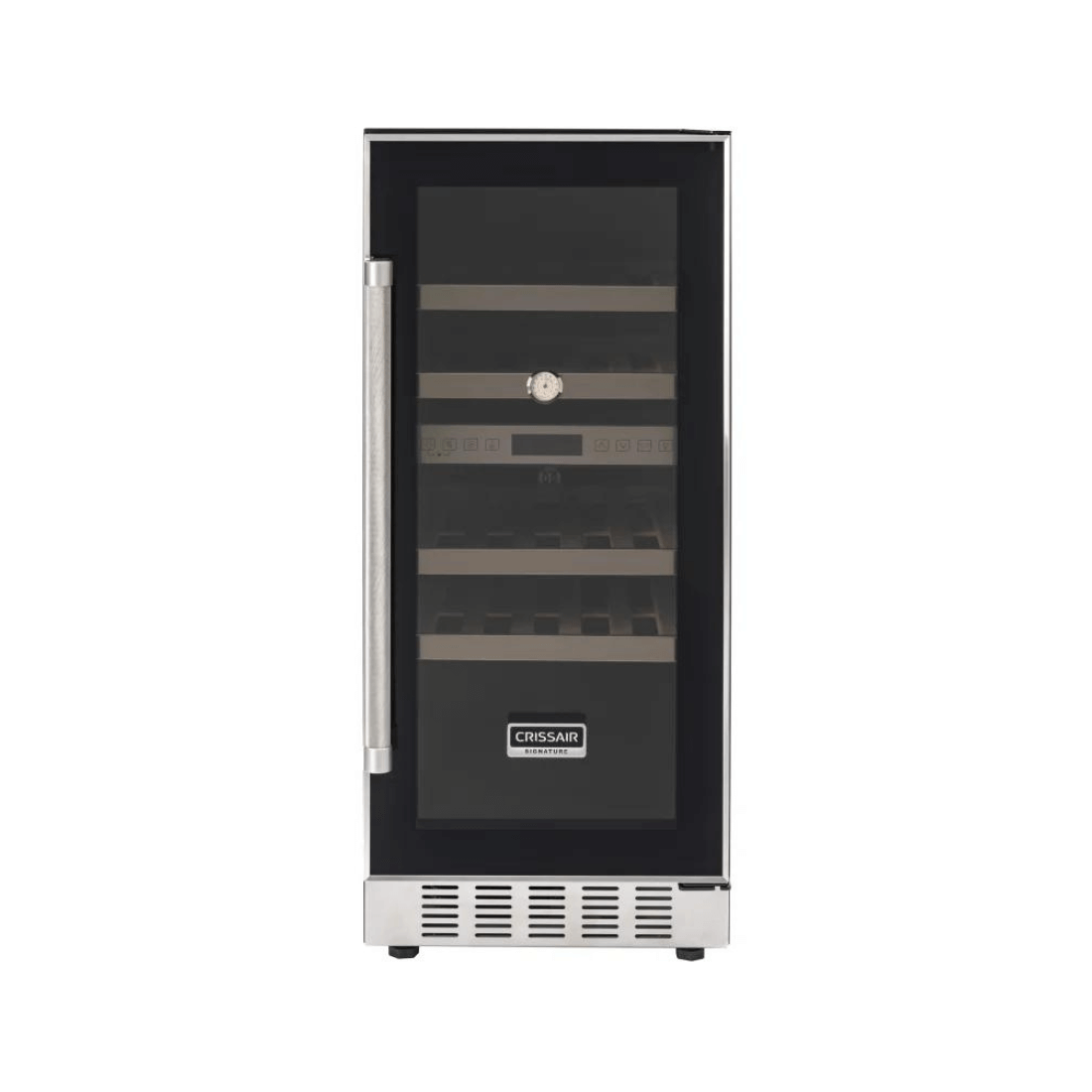 Adega CrissAir embutir 31 garrafas vidro preto 38cm, duas zonas de temperatura e prateleiras de madeira