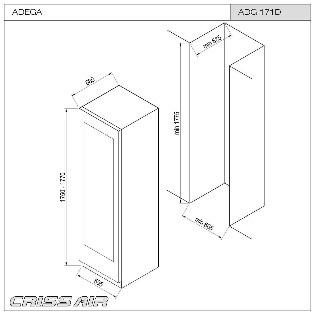 Adega de Vinhos CrissAir Dual Zone de Embutir 171 Garrafas Vidro Preto 60cm 220V