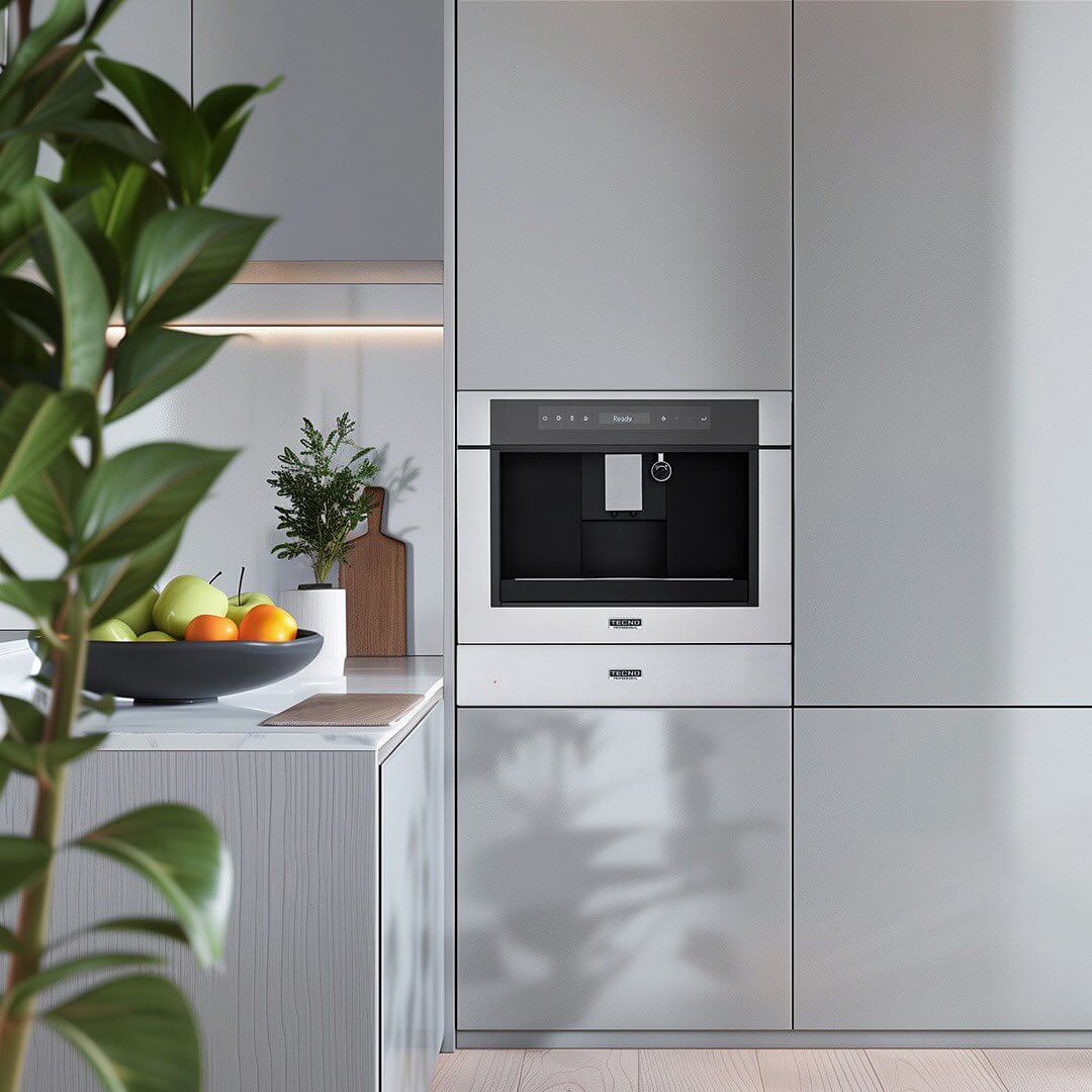 Cafeteira Tecno Professional Automática de Embutir Inox 60cm instalada em nicho com acabamento inox, display touch e saída de café simples