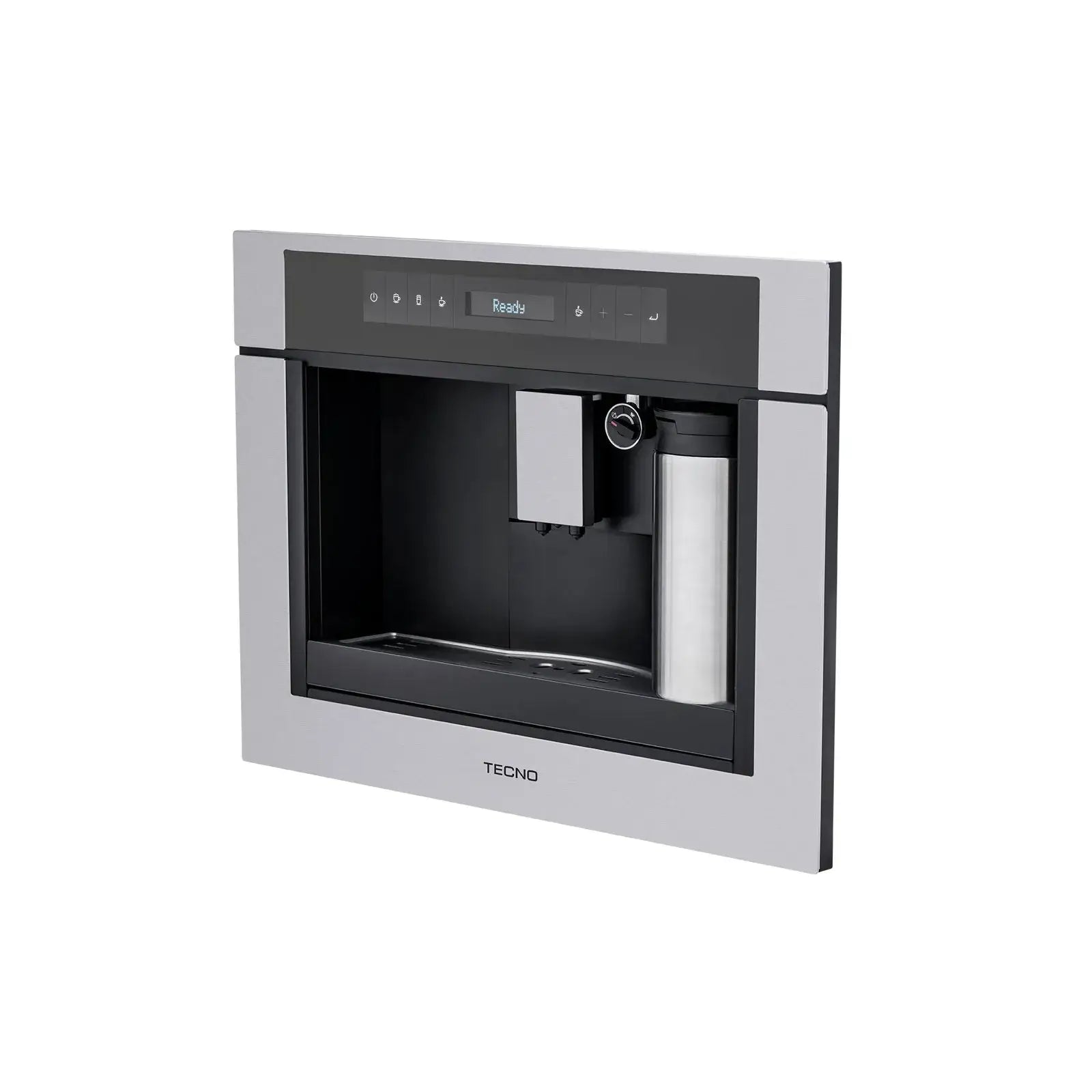 Cafeteira Tecno Original Automática de Embutir Inox 60cm mostrada em inox escovado com display touch, saída simples e reservatório de leite
