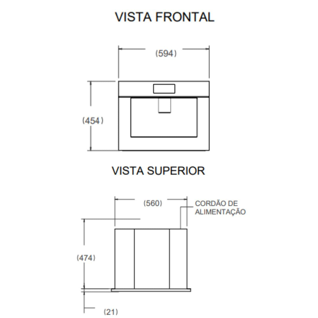 Cafeteira Tecno Original Automática de Embutir Inox 60cm mostrando vistas frontal e superior com dimensões e saída de café central, acabamento inox