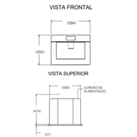 Cafeteira Tecno Original Automática de Embutir Inox 60cm mostrando vistas frontal e superior com dimensões e saída de café central, acabamento inox