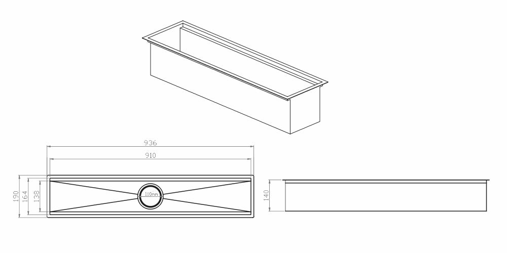 Canal Organizador Úmido Debacco 900 Inox em inox escovado, modelo embutido 90cm com ralo central e profundidade 14cm, design retangular