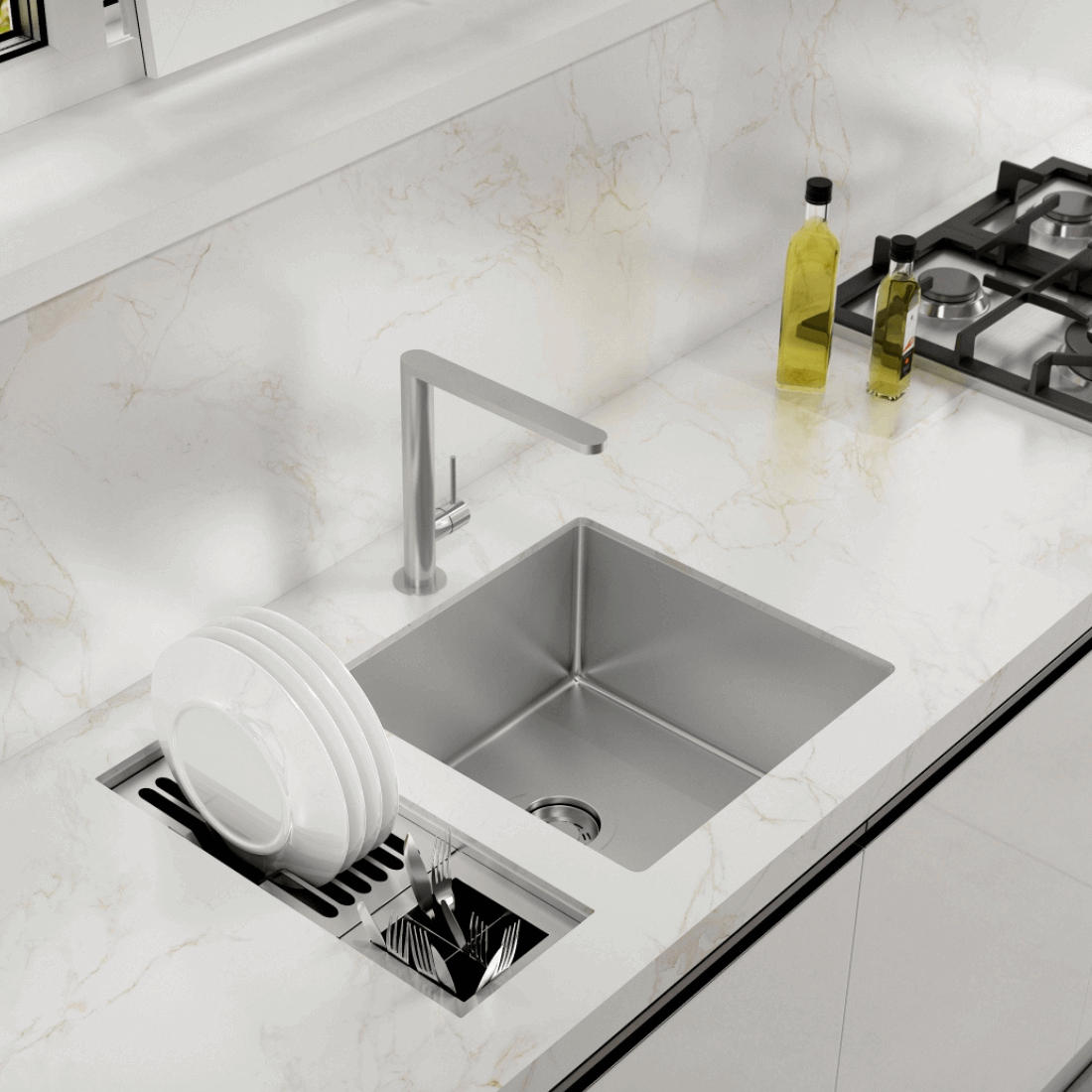 Canal Organizador Úmido Debacco 450 Inox em inox escovado com tábua e escorredor embutidos na bancada, profundidade 14 cm