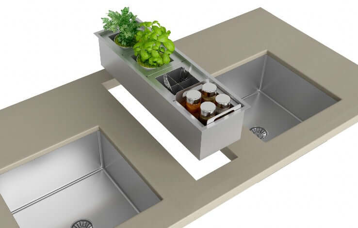 Canal Organizador Úmido Debacco 600 Inox: calha úmida de embutir em inox escovado com cuba, escorredor e compartimentos para utensílios