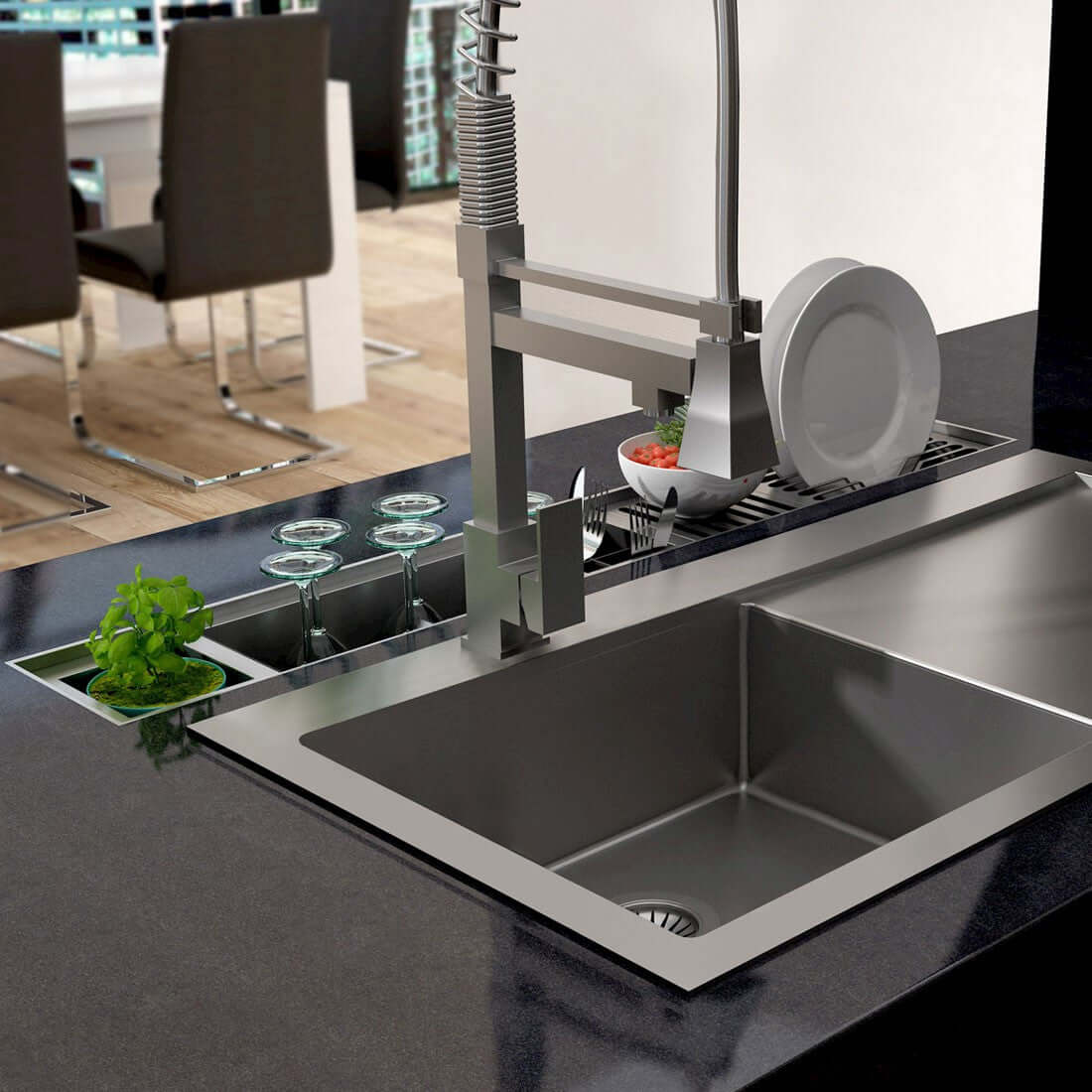 Canal Organizador Úmido Debacco 900 Inox em inox escovado embutido com escorredor, tábua e cuba integrada, profundidade 14 cm