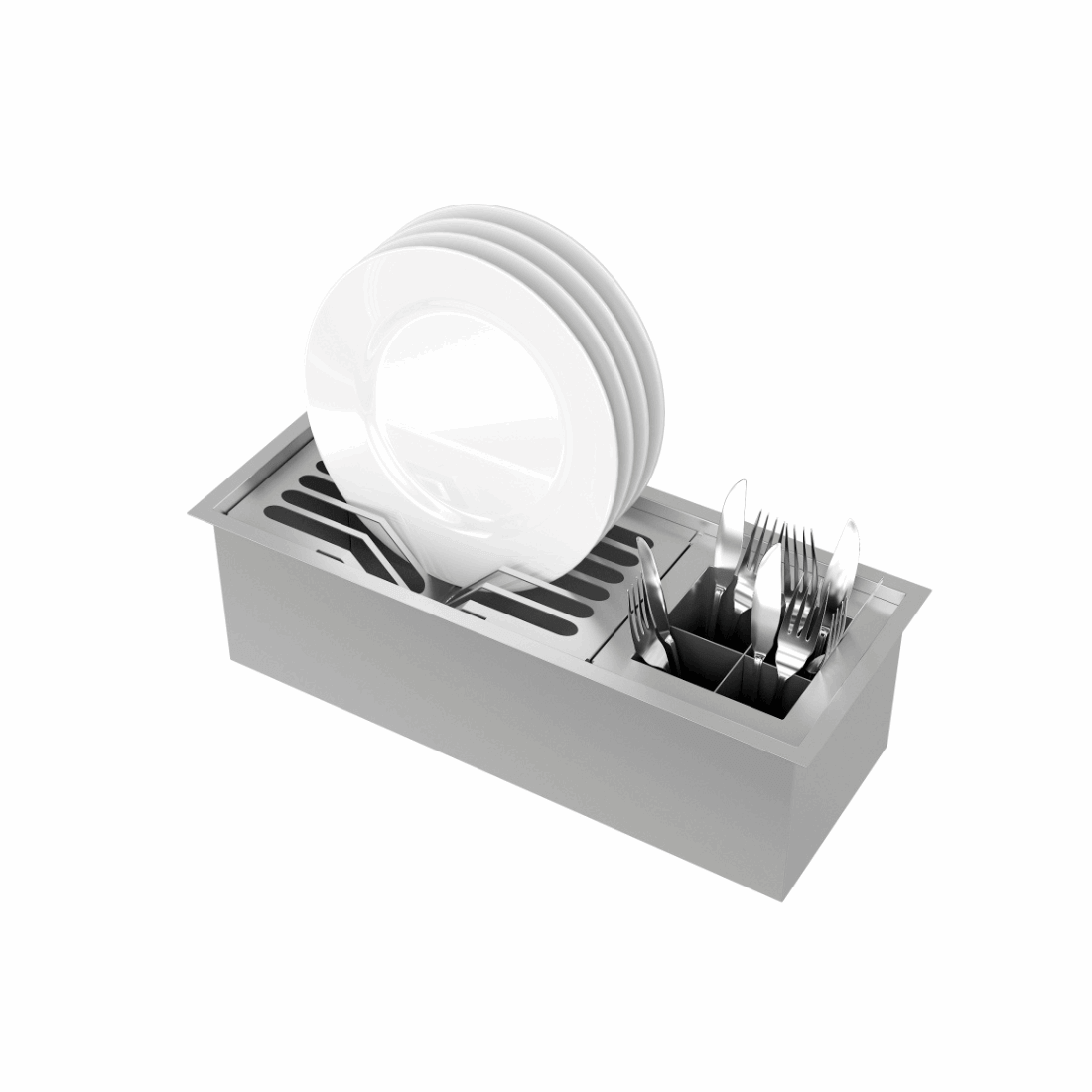 Canal Organizador Úmido Debacco 450 Inox embutido em inox escovado com escorredor de pratos, porta-talheres e profundidade 14 cm