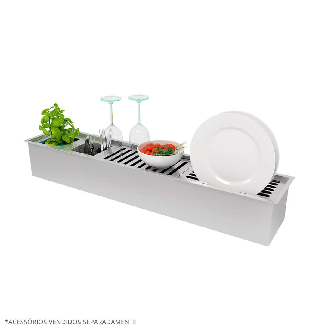 Canal Organizador Úmido Debacco 900 Inox: calha úmida de embutir em inox escovado com grelha, suporte para pratos, taças e tábua, profundidade 14 cm